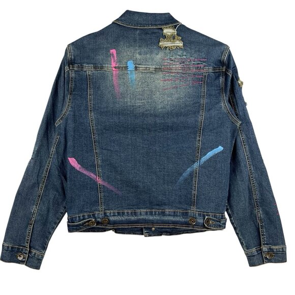 NWT Create 2MRW Men's Blue Denim Jacket Size M Distressed Hand Painted Stretch - Picture 2 of 11